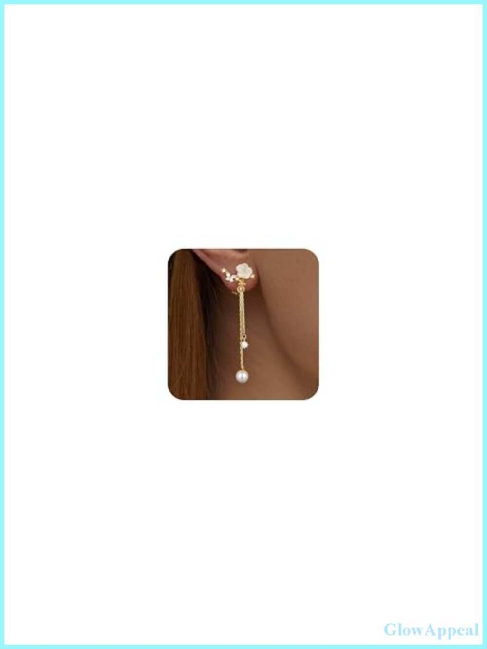 Clip On Earrings Dangle Pearl Drop 14K Gold Plated Dainty Flower Chain Non